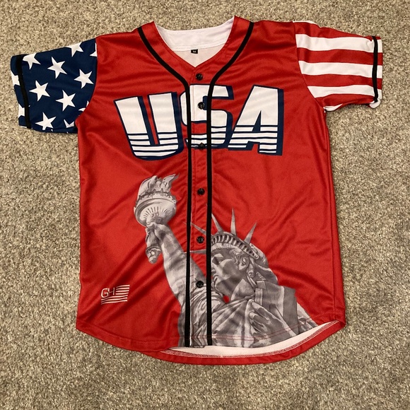 USA Baseball Jersey Men’s Medium America Stars Stripes Statue of Liberty - Picture 1 of 2